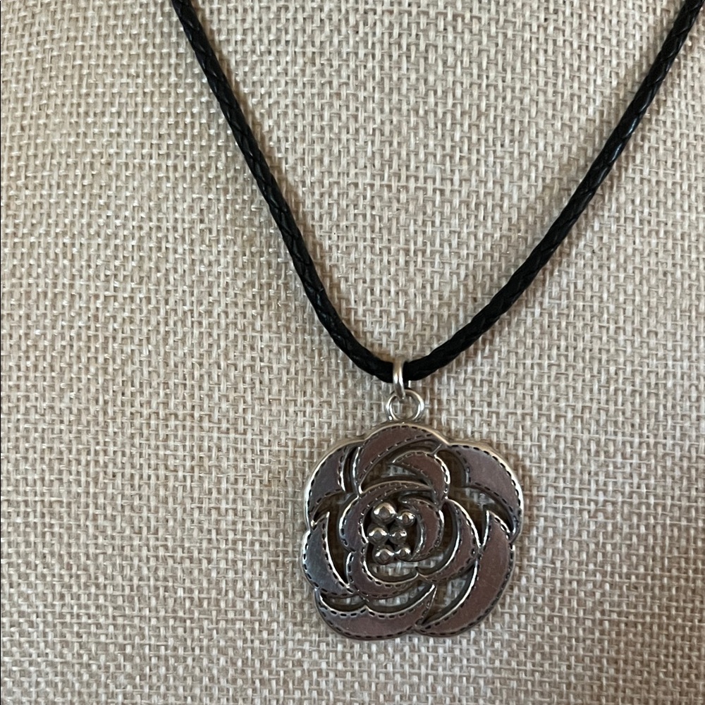 Brighton Texas Rose Silver Flower Pendant Black Leather Cord Necklace